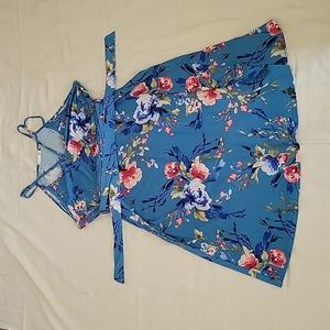 Z Avenue USA Blue Floral Tie Dress w/ Mini Slit